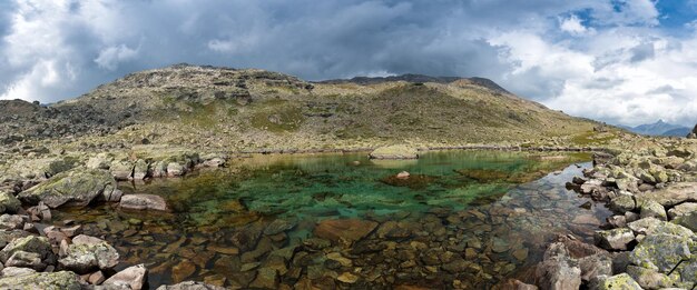 Panorama of small high mountain lake with transparent