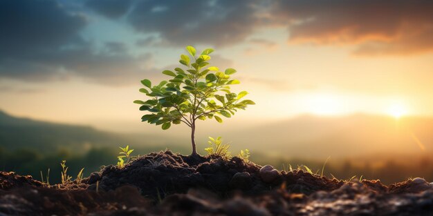パノラマの小さな木が日出の緑の世界と地球の日コンセプトで成長しています