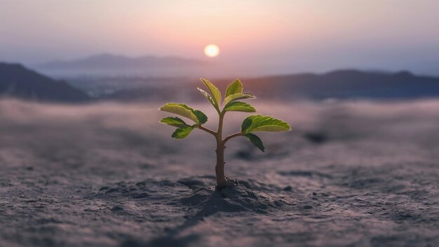 Panorama small tree growing with sunrise