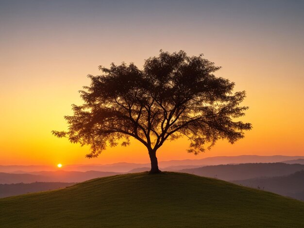 panorama small tree growing with sunrise