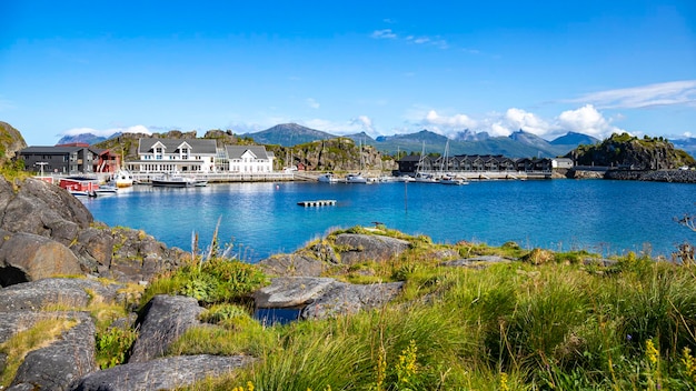 panorama of a small village with a marina on the lofoten islands in norway, the norwegian fjords