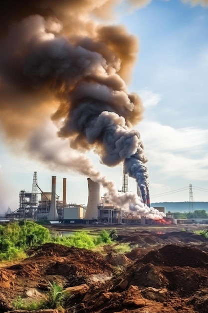 panorama smoke from the sugar factory or sugar cane industry industrial landscape environmental