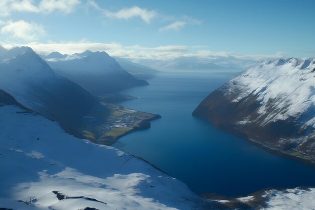 Panorama of snow mountain range landscape with blue sky neural network ai generated