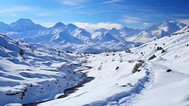 Foto panoramica del paesaggio della catena montuosa innevata con cielo blu