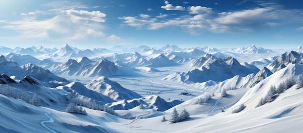 Panorama of snowy mountains and blue sky