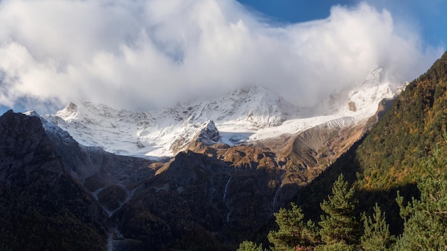 Panorama of the snowy Taymazi mountain range in North Ossetia