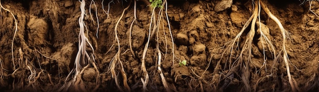 Photo panorama of soil crosssection with plant roots underground gen