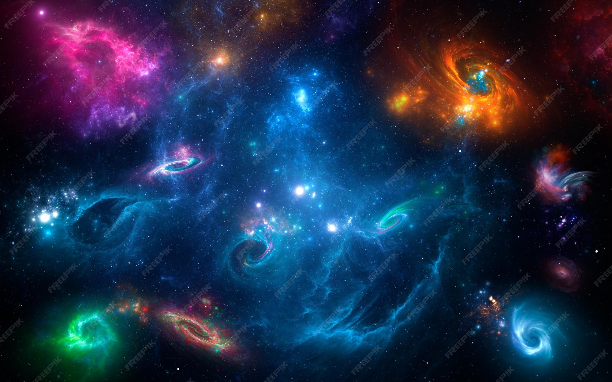 Premium Photo | Panorama space galaxy scene with planets, stars and galaxies.  banner template. many nebulae and galaxies in space, many light years away.  deep universe galaxy space. large-scale structure 3d rendered