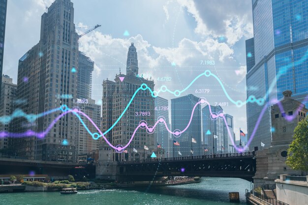 Panorama stadsgezicht van Chicago downtown en Riverwalk promenade met bruggen overdag Illinois Usa Forex grafiek hologram het concept van internet trading brokerage en fundamentele analyse