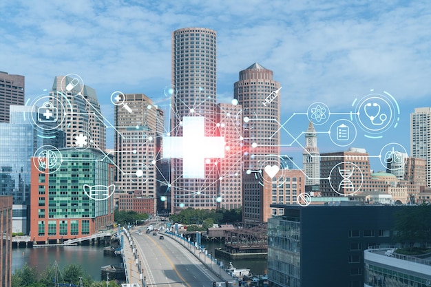 Panorama Stadszicht van Boston Harbor overdag Massachusetts Gebouwen van financiële centrum Gloeiende gezondheidszorg digitale geneeskunde pictogrammen Het concept van behandeling van ziekte Bedreiging van pandemie