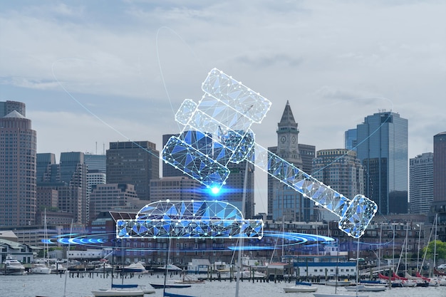 Panorama Stadszicht van Boston Harbor overdag Massachusetts Gebouwen van financiële centrum Gloeiende hologram juridische pictogrammen Het concept van wetsorde regelgeving en digitale rechtvaardigheid