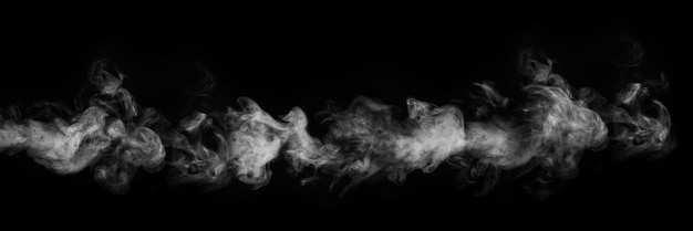 Photo panorama of steam smoke gas isolated on a black background swirling writhing smoke to overlay on your photos smoky banner