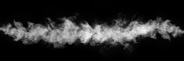 Panorama of steam smoke gas isolated on a black background Swirling writhing smoke to overlay on your photos Smoky banner