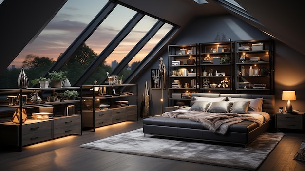 Panorama Of Stylish Attic Bedroom With Gray Bed Desk Ceiling Windows And White Walls