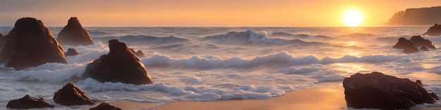 Panorama of a sunset over the ocean with waves crashing on the shore and big rocks in the foreground in the water Seascape illustration with sand beach cloudy sky and setting sun Generative AI