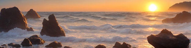 Panorama of a sunset over the ocean with waves crashing on the shore and big rocks in the foreground in the water Seascape illustration with sand beach cloudy sky and setting sun Generative AI