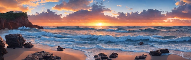 Panorama of a sunset over the ocean with waves crashing on the shore rocks in the water big stones in the foreground Seascape illustration with sand beach cloudy sky and setting sun Generative AI