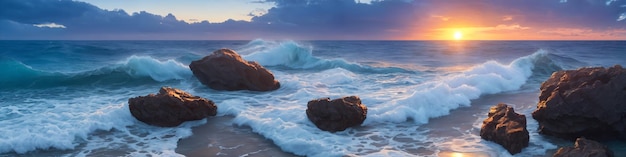 Panorama of a sunset over the ocean with waves crashing on the shore and several big stones in the water Seascape illustration with sand beach cloudy sky and setting sun Generative AI