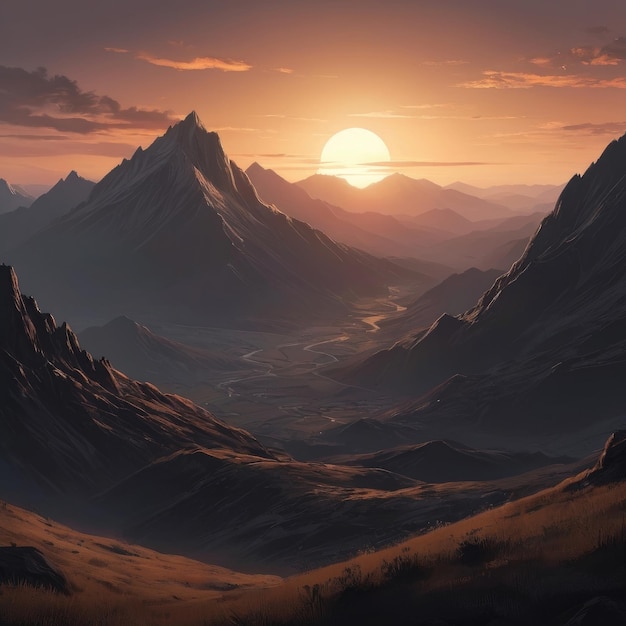 Panorama of Sunset view in the Mountains