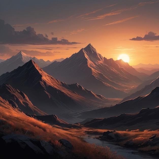 Panorama of Sunset view in the Mountains