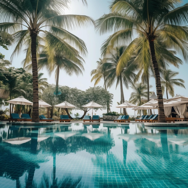 Panorama of swimming pool with palm trees at resort generative ai