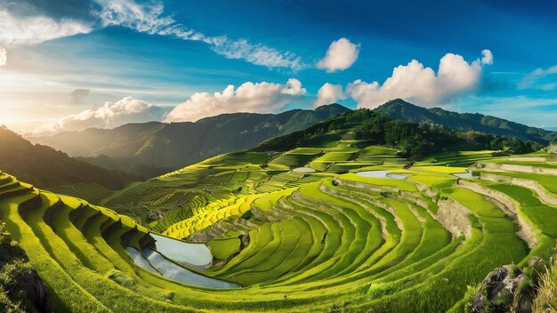 Panorama symbool van de Vietnamese rijst terrassenmu cang chaiyenbaivietnam
