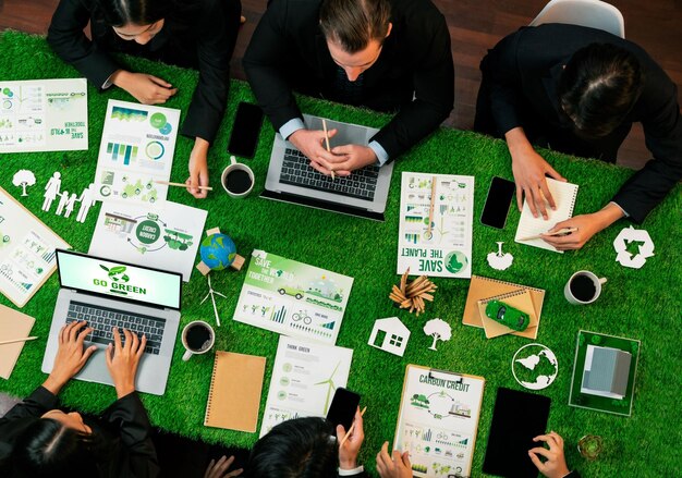 Photo panorama top view of business people planning business marketing with environmental responsibility for greener ecology productive teamwork contribute nature preservation and sustainable futurequaint