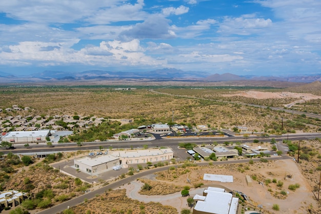 Panorama top view Fountain Hills small american town lifestyle district landscape near mountain desert of US 87 interchanges highways of in Arizona USA