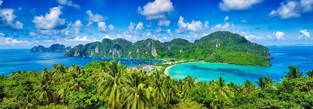 Panorama of tropical islands Phi Phi Don and Phi Phi Leh in sea. Crabi, Thailand
