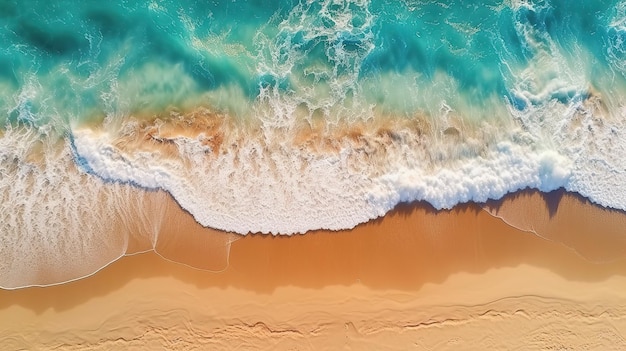 Панорама тропического моря и песчаного пляжа на фоне голубого неба сверху вниз с антенны