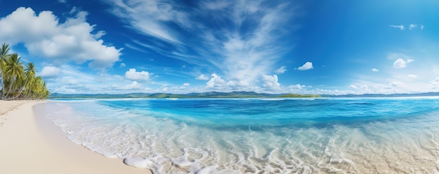 panorama tropische zee en zandstrand met blauwe hemelachtergrond