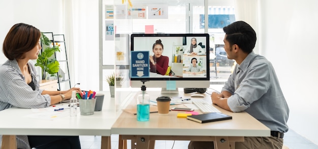 Panorama two asian businessperson work from home involved video conference meeting