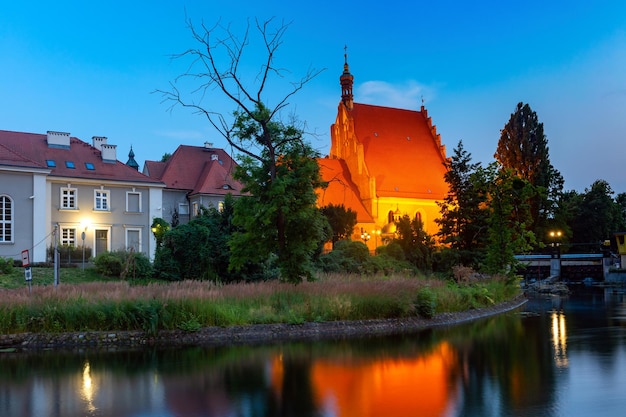 Panorama van bakstenen gotische bydgoszcz-kathedraal met reflectie in de rivier de brda 's nachts bydgoszcz polen