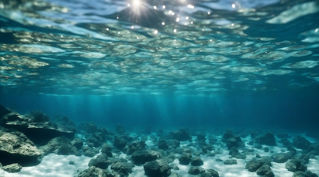 Panorama van blauwe golven boven en onderwater oceaan met zijn leven