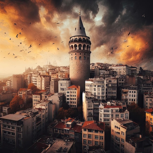 Panorama van de historische Galata-toren op een bewolkte dag