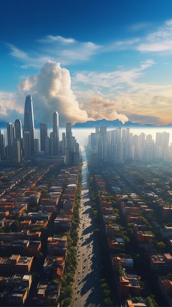 Panorama van de hoogten van de stad Luchtbeeld toont een skyline van wolkenkrabbers Verticaal mobiel behang