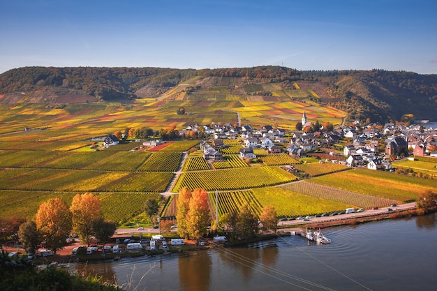 Panorama van de Moezel-riviervallei in de herfst, Rheinland-Pfalz, Duitsland