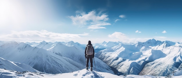 Panorama van een bergbeklimmer op de top van een besneeuwde bergketen