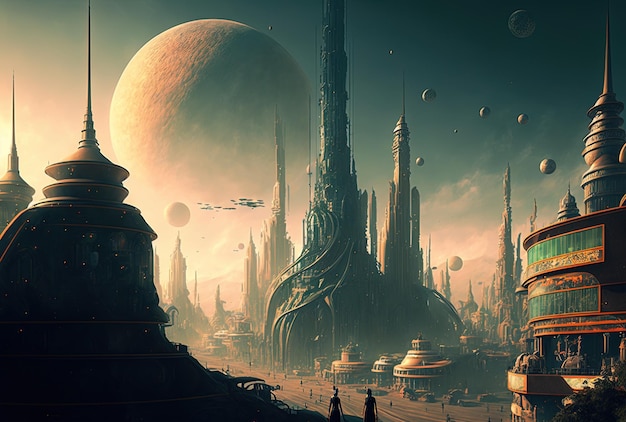 Panorama van een buitenaardse gekoloniseerde stad