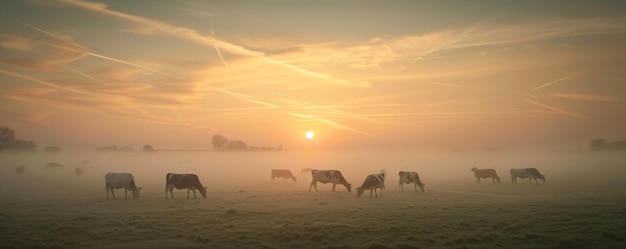 Panorama van graaiende koeien op een weide met gras zonsopgang in een ochtendnevel graaiende vee