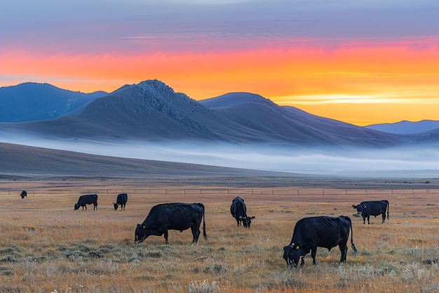 Panorama van graaiende koeien op een weide met gras zonsopgang in een ochtendnevel graaiende vee
