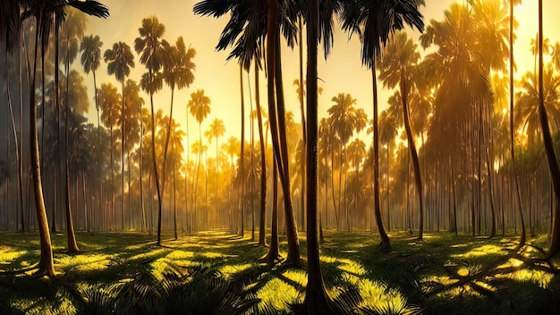 Panorama van het palmbos bij zonsondergang de zonnestralen door de bomen fantasie bos mist palm jungle 3D illustratie