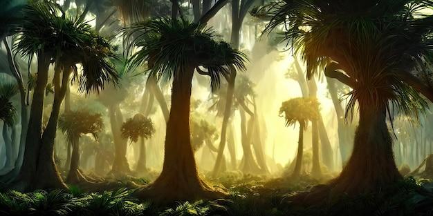 Panorama van het palmbos bij zonsondergang de zonnestralen door de bomen fantasie bos mist palm jungle 3d illustratie