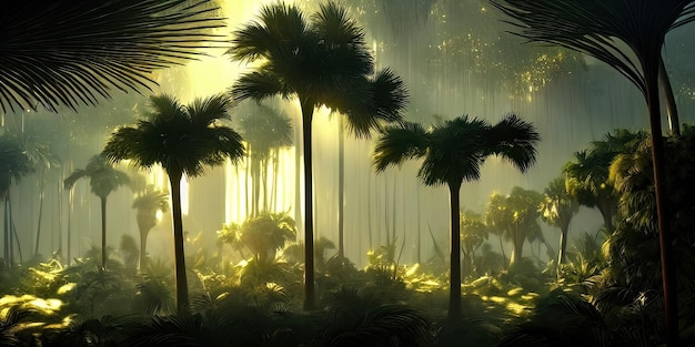 Panorama van het palmbos bij zonsondergang de zonnestralen door de bomen fantasie bos mist palm jungle 3D illustratie