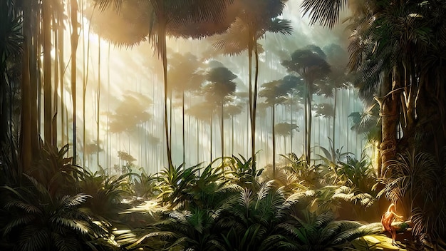 Panorama van het palmbos bij zonsondergang de zonnestralen door de bomen fantasie bos mist palm jungle 3D illustratie