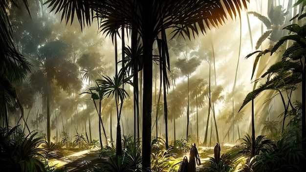 Panorama van het palmbos bij zonsondergang de zonnestralen door de bomen fantasie bos mist palm jungle 3D illustratie