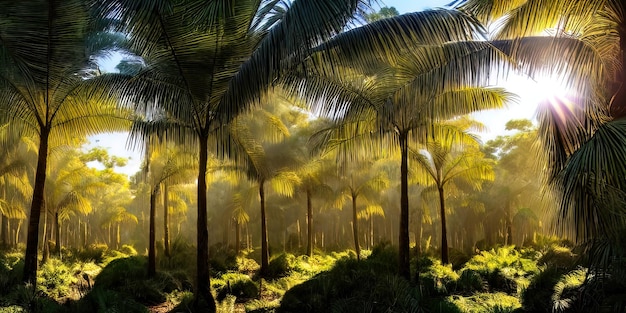 Panorama van het palmbos bij zonsondergang de zonnestralen door de bomen fantasie bos mist palm jungle 3D illustratie