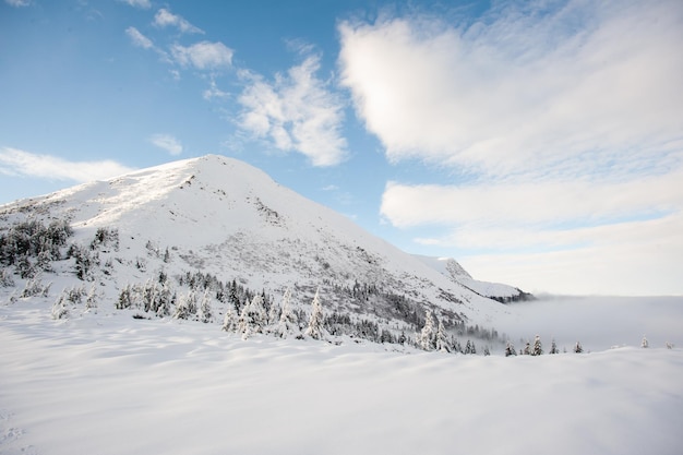 Panorama van met sneeuw bedekte bergen, sneeuw en wolken aan de horizon