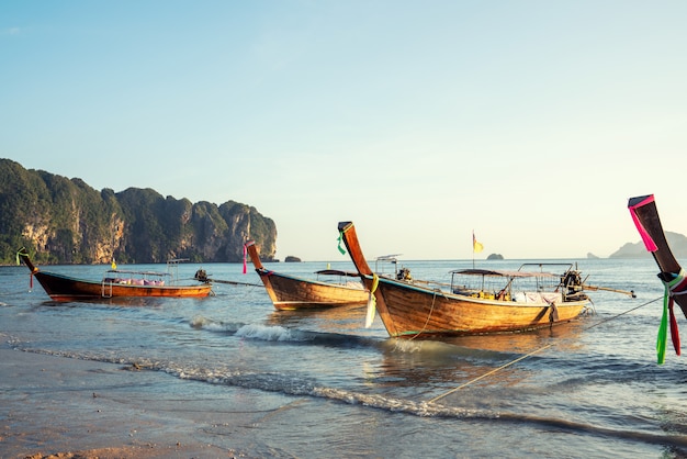 Panorama van traditionele lange staartboot op Phi Phi-eiland, Krabi, Thailand in een de zomerdag