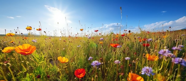 Panorama van weilanden met bloemen in de zomer onder een hemel Generatieve AI illustratie